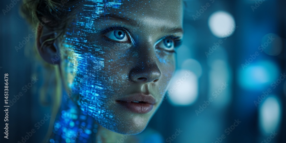 Leinwandbilder futuristic female portrait surrounded by digital data and light patterns in high-tech corridor with 