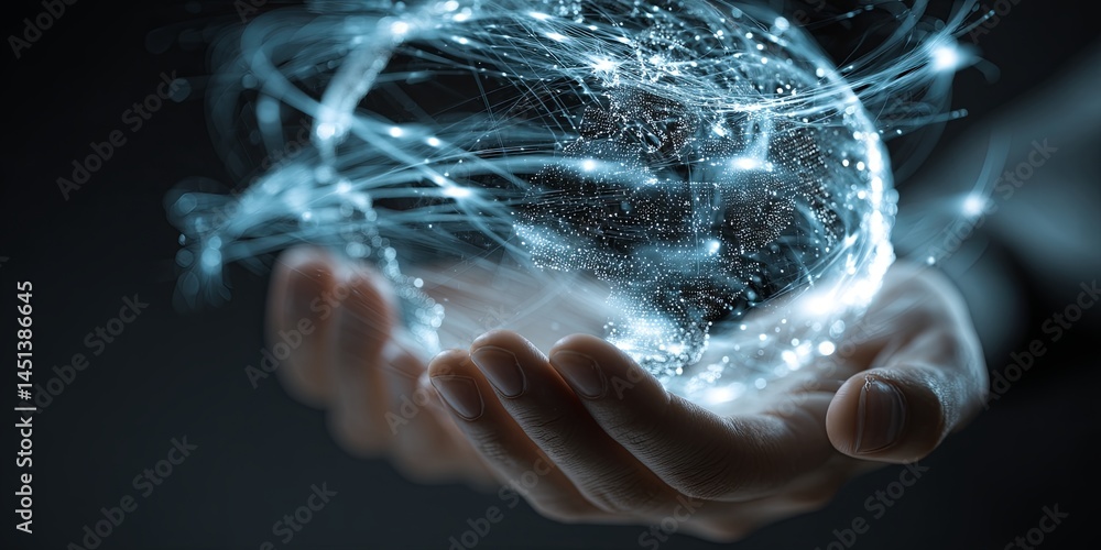 Aufkleber Abstract Representation of Global Connectivity with Hands Illustrating Digital Network Concept and Data Flow Dynamics in Modern Technology Environment