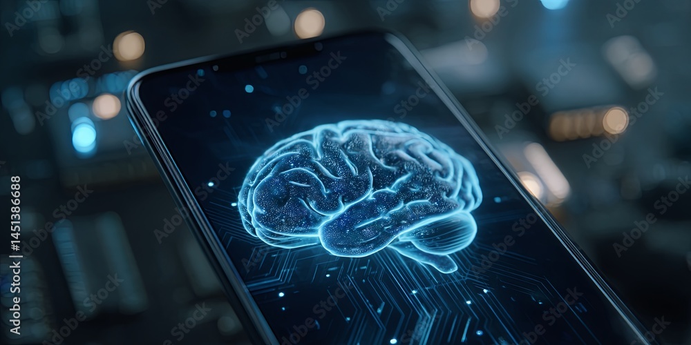 Poster Innovative Concept of Artificial Intelligence and Digital Brain Displayed on Smartphone Screen with Blue Light and Technology Theme