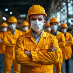 Industrial workers in protective gear,  a united front.