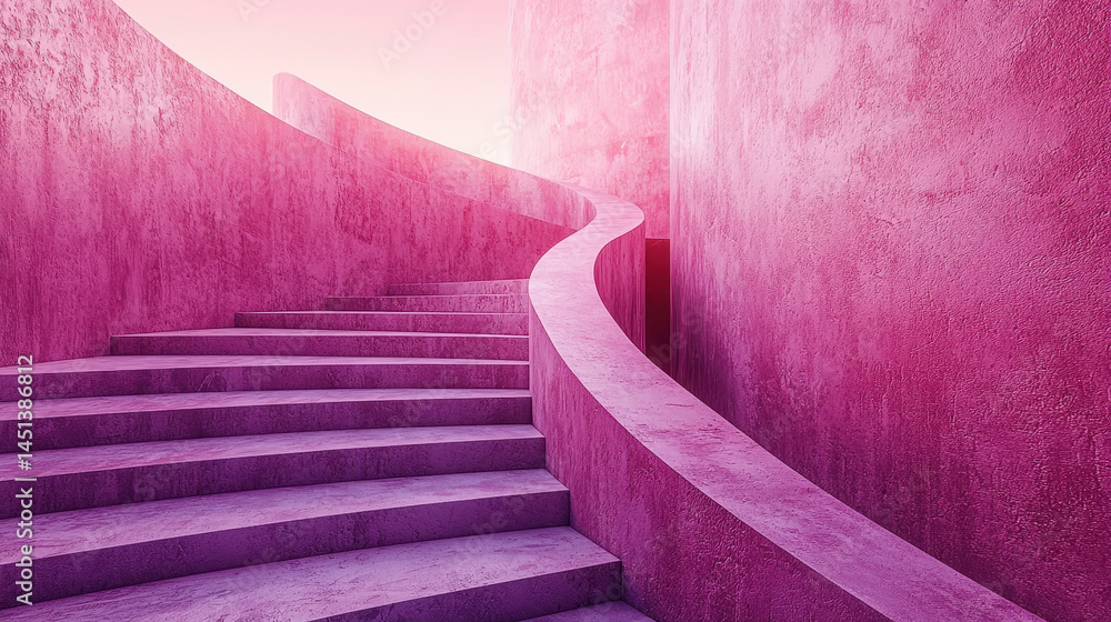 Poster minimalistic 3d rendered side view of pink spiral staircase showcasing a realistic 4k texture, provi