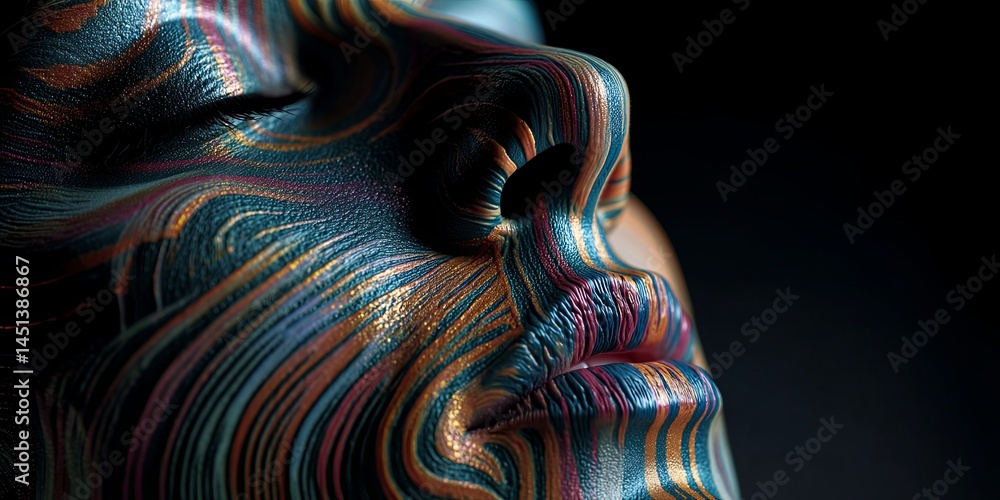 Poster Abstract representation of a human face illuminated with colorful waves and patterns in a dark background creating a surreal and modern artistic look