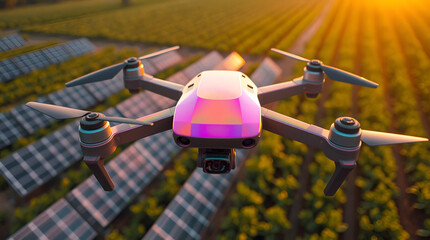 A vibrant autonomous AI drone over smart farmland. Visible sensor grids, solar panels, and GPS lines. Golden hour lighting, crisp aerial view, Generative Ai