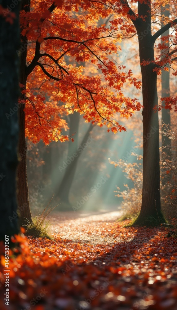 Poster autumn forest path with sun rays illuminating fallen orange leaves, creating a serene and beautiful 