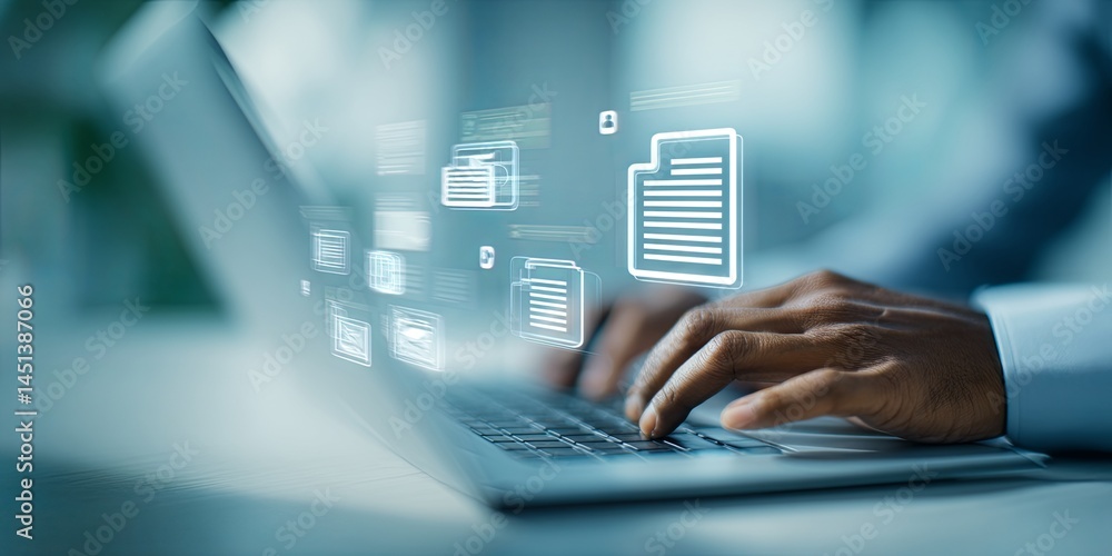 Poster Business Professional Managing Digital Documents and Checklists on a Laptop with Virtual Interface Elements and Green Background