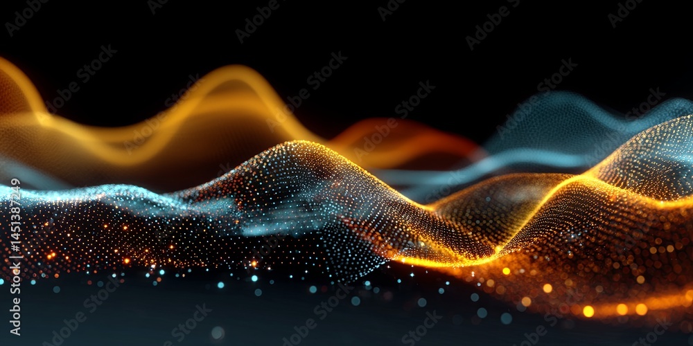 Poster Colorful Abstract Waves with Light Particles in Dark Background for Creative and Modern Design Concepts