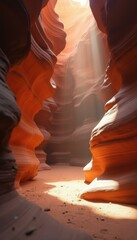 Light streams through narrow red rock canyon formations.