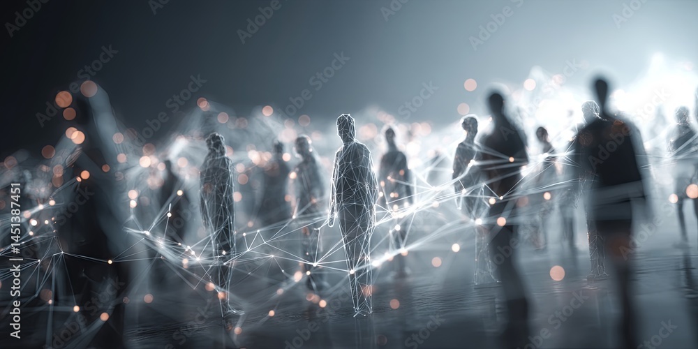 Poster Abstract representation of people connected through digital networks illustrating the concept of social interaction and modern communication technology