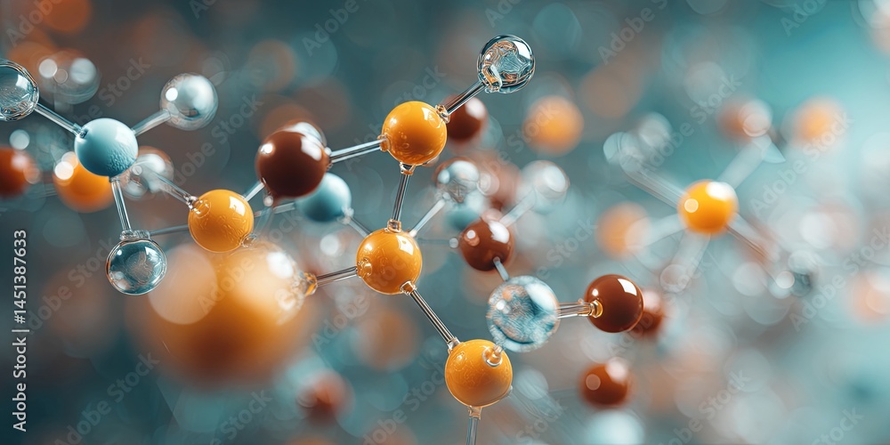 Poster Abstract representation of interconnected molecules with a soft pastel color scheme on a blurred background, illustrating concepts of science and technology in a modern a