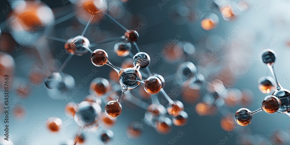 Poster Abstract representation of interconnected molecules with a soft pastel color scheme on a blurred background, illustrating concepts of science and technology in a modern a