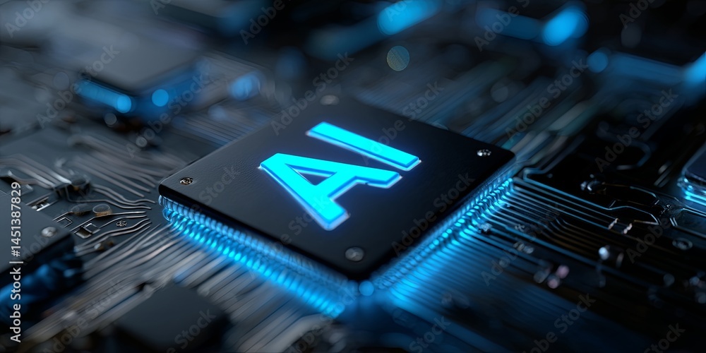 Poster Close-Up View of Circuit Board with Glowing AI Text in Blue Neon Light Representing Artificial Intelligence Technology and Modern Computing Concepts