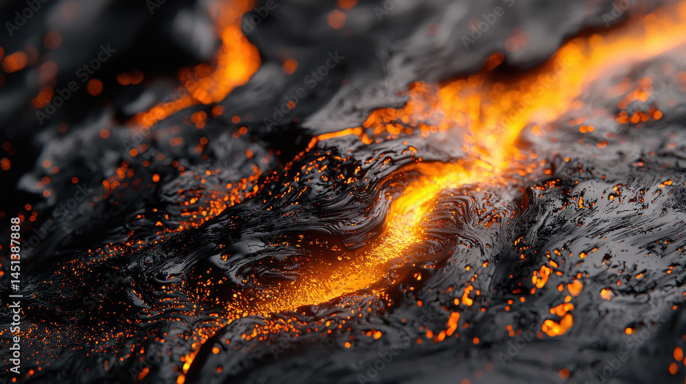 Poster an innovative 3d render showcases realistic lava textures in 4k resolution, flowing across a dark an