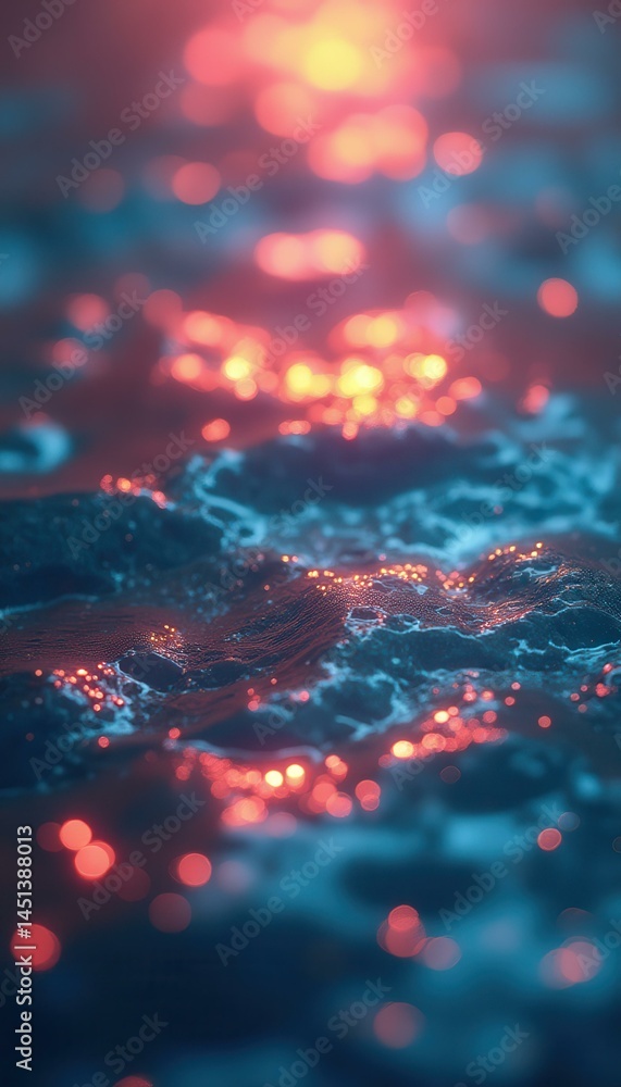 Fototapete Abstract landscape of rippled waves with bright bokeh lights illuminating the dark texture, creating an ethereal and otherworldly scene