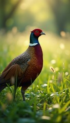 Fototapeta premium Majestic Pheasant in Meadow - A Vivid Portrait of Wildlife in Natural Habitat