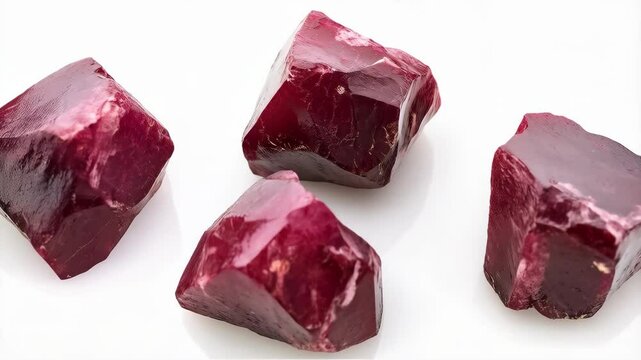 Four Rough Cut Red Gemstones Displayed on a Seamless White Background, Faceted with Sharp Edges and High Gloss, Gemology