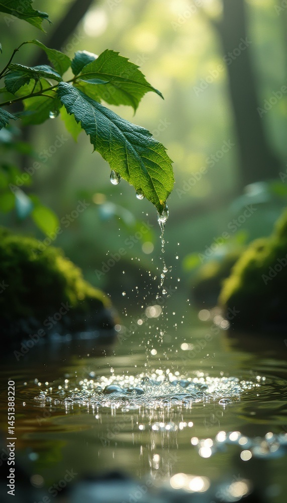 Poster Water droplets falling from a vibrant green leaf into a calm stream in a peaceful forest, creating ripples and bokeh.