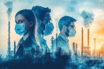 Three people wearing protective masks against a backdrop of industrial pollution.