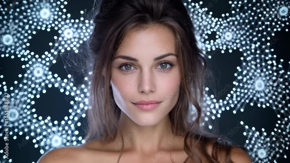 Poster woman portrait surrounded by glowing network of interconnected nodes and lines, creating a futuristi
