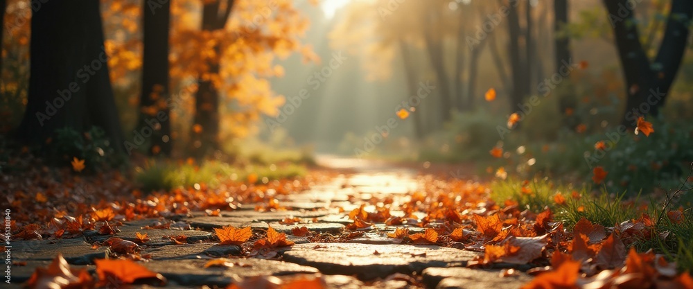 Poster autumn pathway with falling maple leaves in a forest, sunlit stone path through the trees, soft ligh