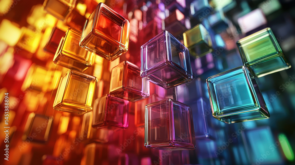 Poster a mesmerizing array of 3d translucent cubes float and interact, showcasing vibrant colors and realis