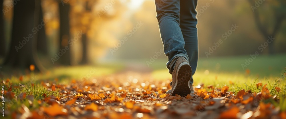 Poster person walking on leaf-covered path in autumn park with backlit sunlight and colorful fall foliage