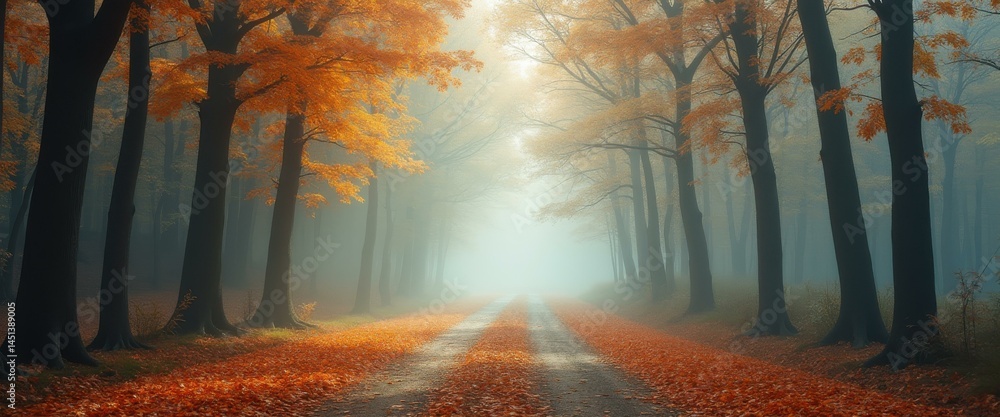 Aufkleber autumn path with road covered in fallen leaves surrounded by majestic trees under soft misty light