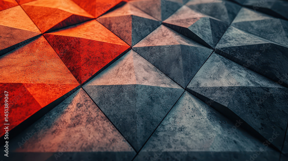 Poster realistic 4k 3d geometric background featu triangular patterns with contrasted red and blue lighting