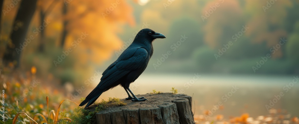 Poster a black raven perched on a mossy tree stump in a serene autumn setting with blurred trees and tranqu