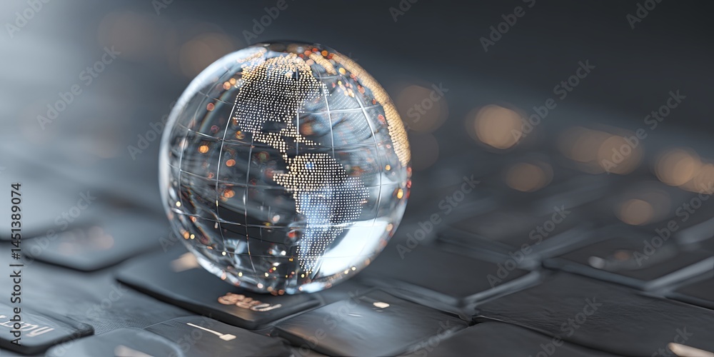Poster Conceptual Visualization of a Transparent Globe on a Laptop Keyboard Representing Global Connectivity and Digital Technology in Modern Communication