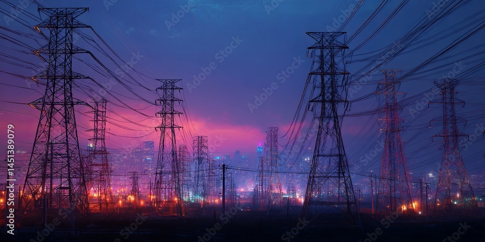Poster futuristic power lines in electric cityscape with vibrant colors and dynamic energy flowing through 