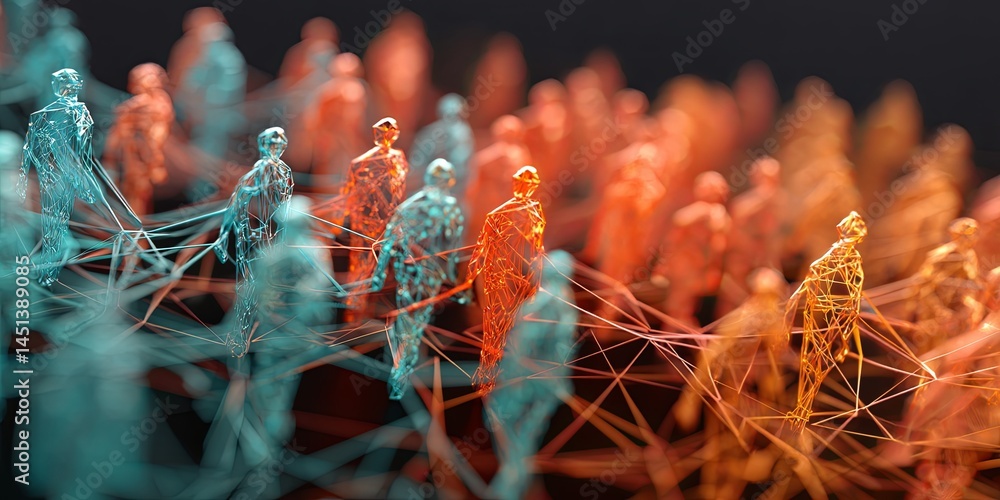 Poster colorful network of abstract human figures interconnected by lines representing social connections, 