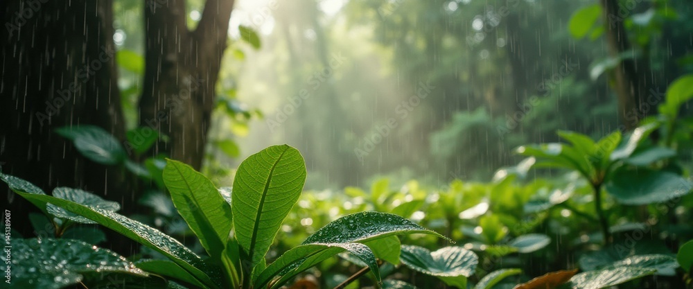 Poster lush greenery in a rainforest environment under gentle rain, creating a serene, tranquil, and refres