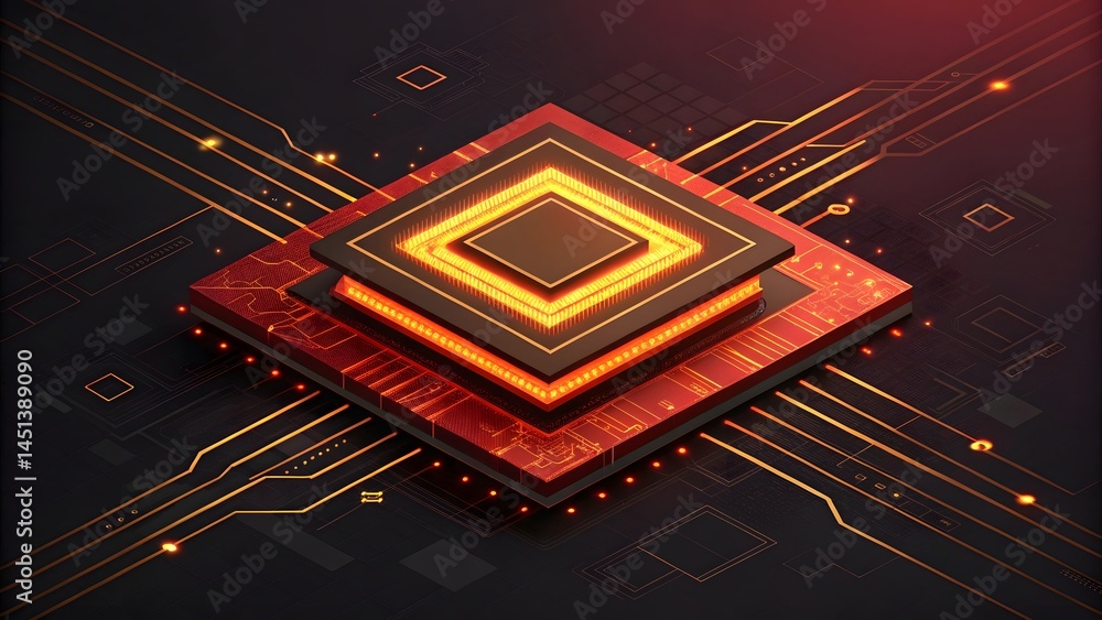 Poster close up of a glowing square shaped computer chip on a black background with orange lines and detail
