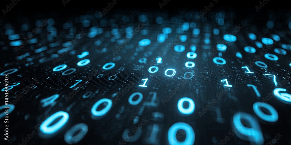 Aufkleber Abstract representation of binary code with glowing blue numbers on a digital background, conveying technology and data concepts in a contemporary design