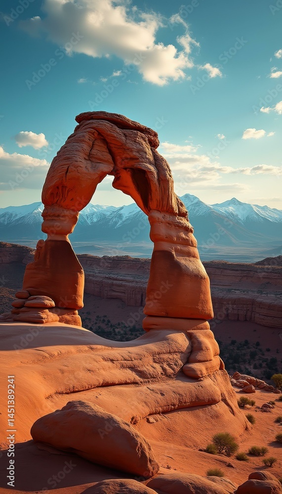 Poster majestic sandstone arch against a backdrop of snowy mountains under a blue sky with scattered clouds