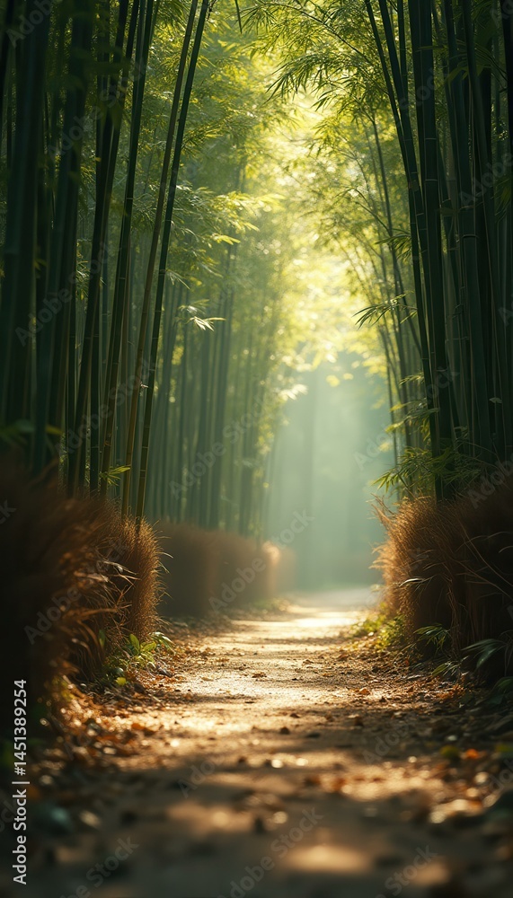 Poster Tranquil path through a bamboo forest, illuminated by soft light, creating a serene and inviting natural scene