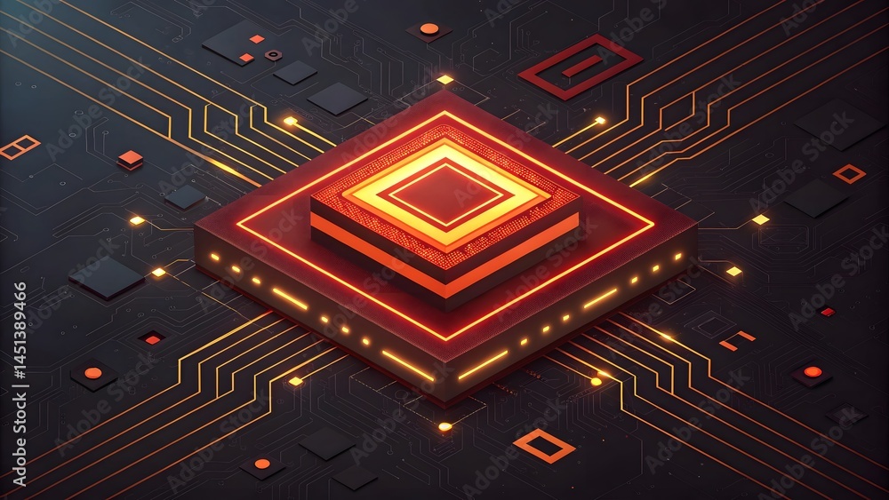 Poster a close up of a red and orange computer chip with circuit board design on a dark background texture