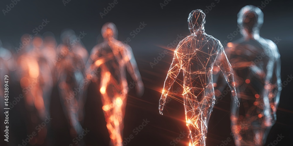 Aufkleber Abstract representation of virtual human connections with glowing figures and network lines emphasizing digital communication and networking concept