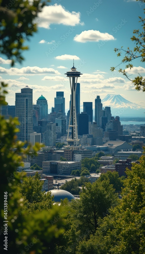 Poster Skyline view of a fictional metropolis with a towering central structure and distant snow-capped mountain against a partly cloudy sky