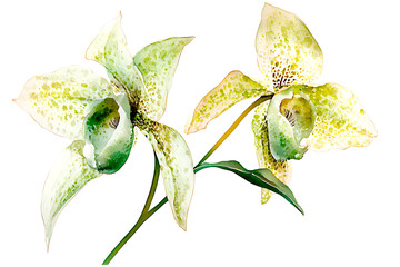 Orchid flower. Delicate watercolor green orchid flowers isolated white background.