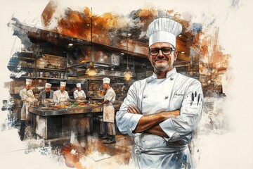A professional chef stands proudly in a bustling kitchen.