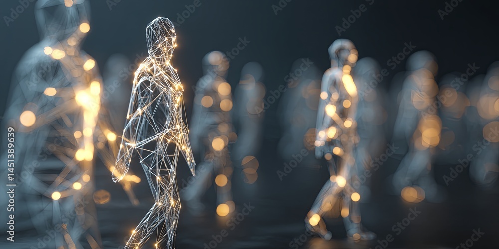 Aufkleber Abstract representation of virtual human connections with glowing figures and network lines emphasizing digital communication and networking concept