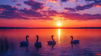 Majestic Swans at Sunset: A Serene Lake Scene