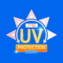 UV Protection with SPF 50 PA+. Protects against UVA, UVB, sunlight ultraviolet attacks. Arrow 5 levels different of whitening. Logo for design cosmetic products ads. Health care. Vector EPS10.
