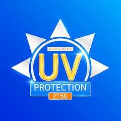 UV Protection with SPF 50 PA+. Protects against UVA, UVB, sunlight ultraviolet attacks. Logo for design cosmetic products ads. Health care. Vector EPS10.
