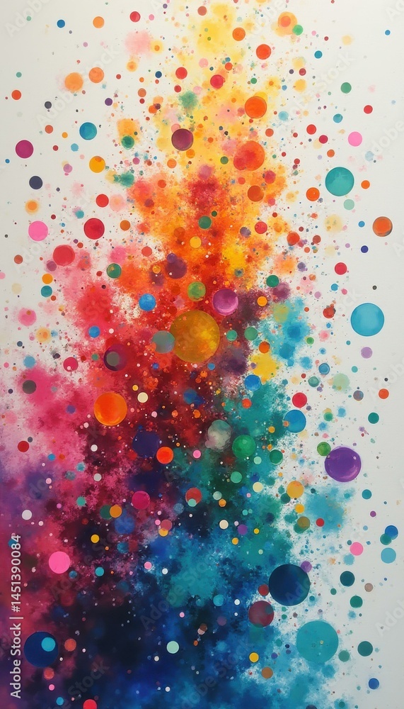 Poster dynamic burst of colorful orbs in a vibrant abstract painting, with splatters and gradients creating