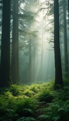 Fototapeta premium Forest Sunlight Beams Through Mist, Tall Trees and Ferns, Creating a Serene Woodland Scene