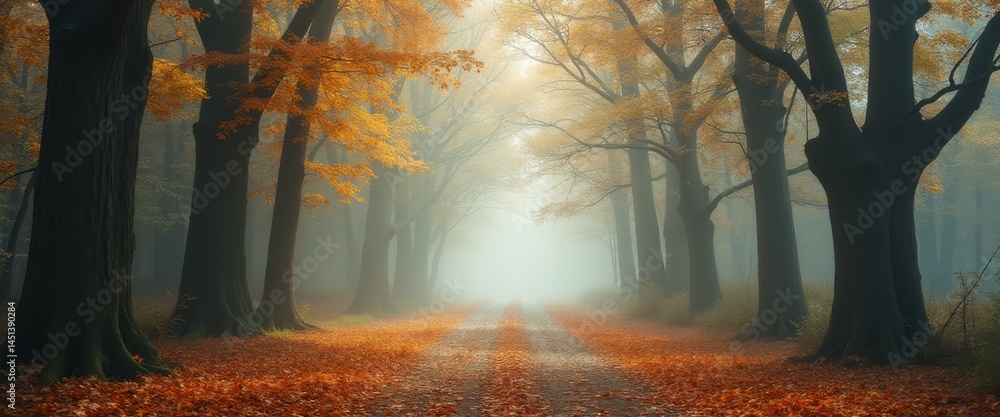 Poster an atmospheric autumnal forest road shrouded in mist, lined with towering deciduous trees with golde
