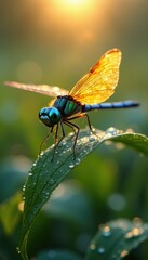 Naklejka premium Dragonfly with dew drops on a leaf glitters in the sunrise
