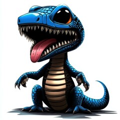 Obraz premium Cartoonish blue-tongued skink illustration with large eyes, sharp teeth, protruding tongue, detailed scales, sitting on white background.